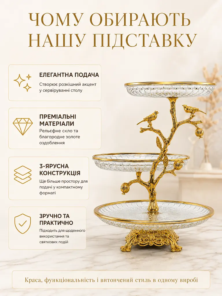 Підставка триярусна скляна для фруктів та десертів 34х24 см Прозорий із золотим (37261985) - фото 4