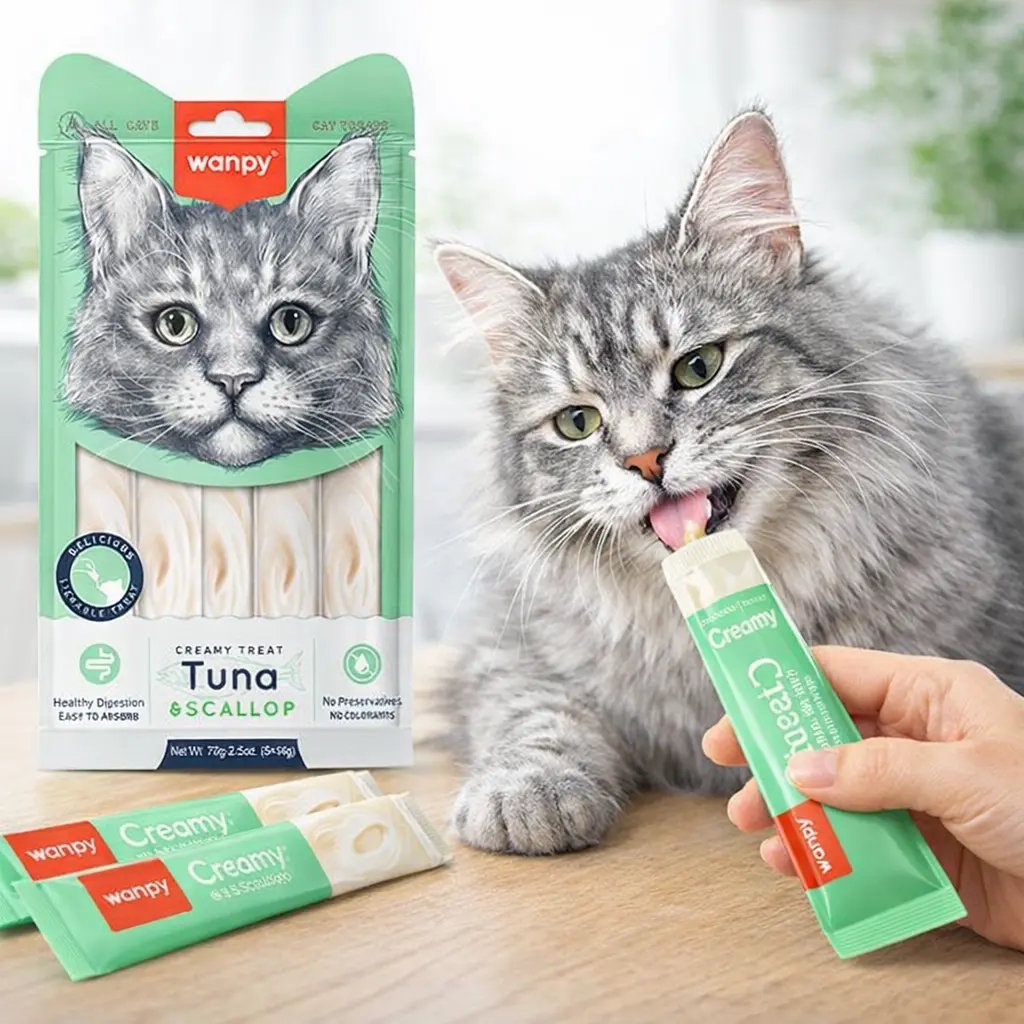 Wanpy Creamy Lickable Treats Tuna & Scallop тунец с гребешком жидкое лакомство для котов 5х14 гр. - фото 2