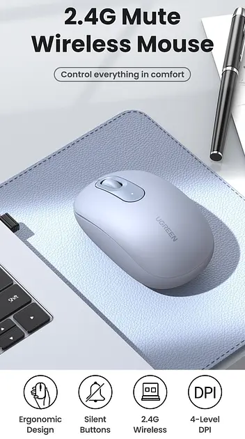 Бездротова Мишка UGREEN MU105 2.4 GHz 1xAA 800-2400 DPI Portable Wireless Mouse блакитний (90671) - фото 3