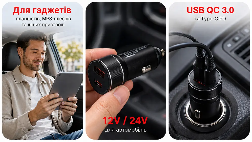 Автомобільний зарядний пристрій VOIN 30W, 1USB QC3.0 18W + 1PD 30W, 12/24V (C-36212) - фото 6