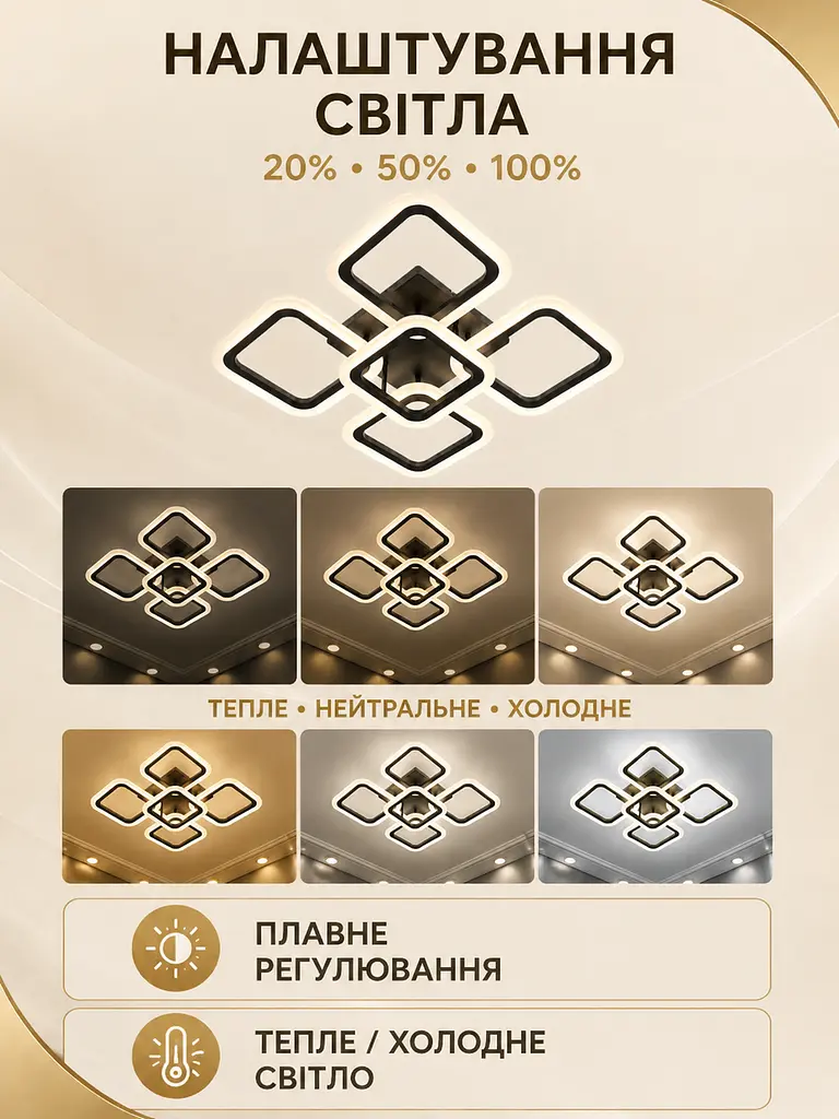 Люстра стельова LED 55 Вт 50×50 см з пультом, регулюванням яскравості та температури світла, чорна (2112820548) - фото 4