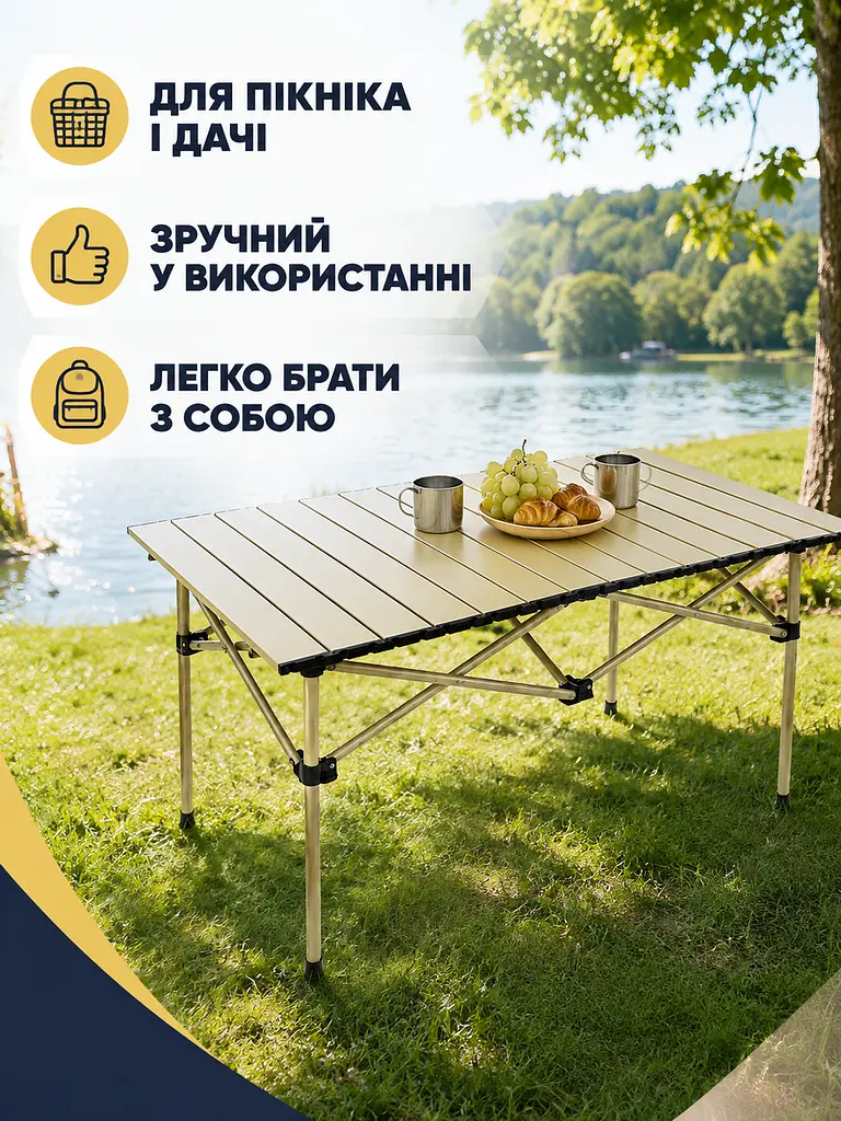 Стіл складаний туристичний 120×55×51 см бежевий для пікніка кемпінгу та риболовлі (49675945) - фото 4