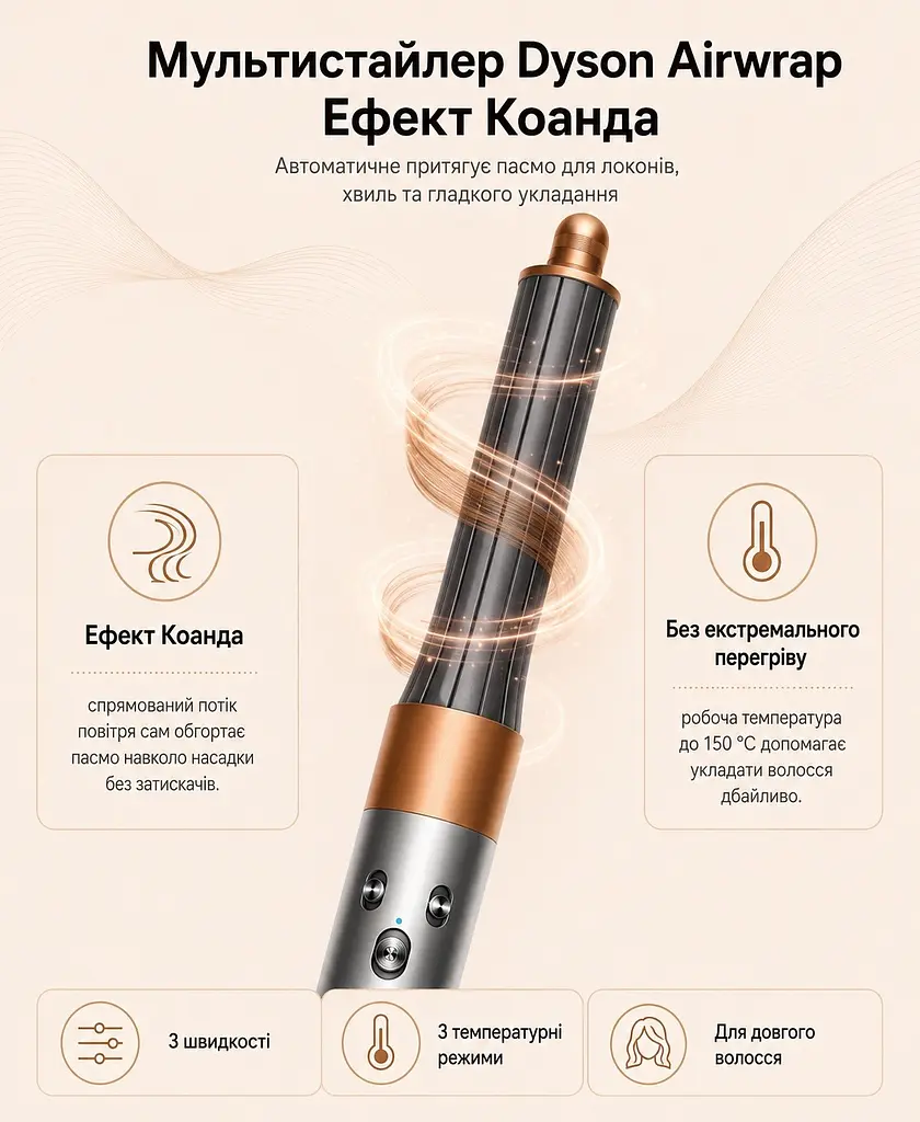 Стайлер Dyson Airwrap Complete Long Nickel-Copper (400718-01), мультистайлер 1300 Вт, 6 насадок - фото 2