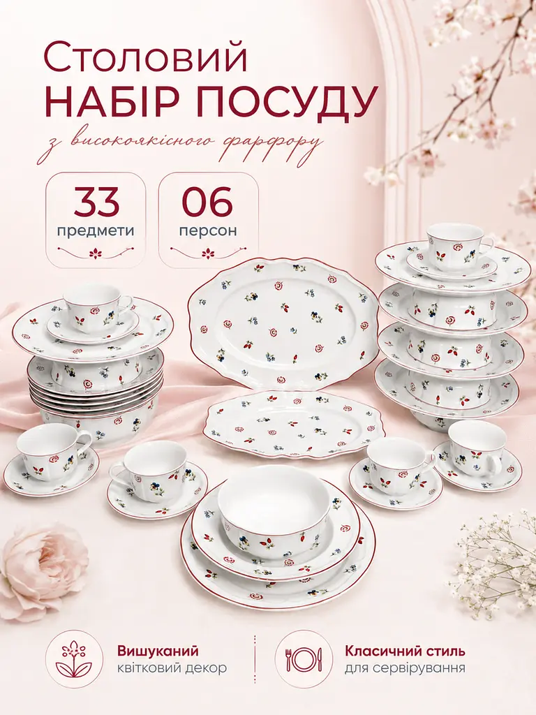 Столовий сервіз із фарфору 33 предмети на 6 персон для сервірування столу кремово-білий з квітковим візерунком (37261976) - фото 2