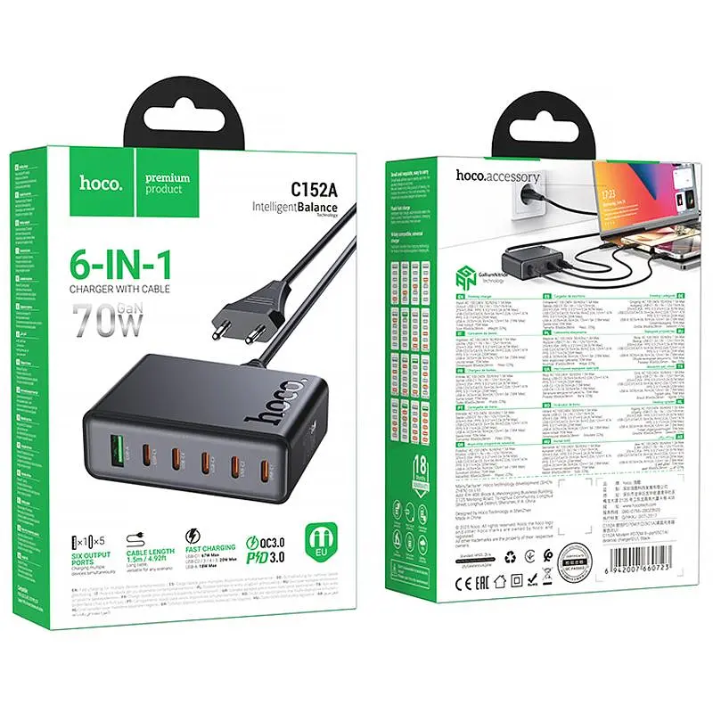 МЗП C152A Modern PD70W 6in1 (5USB-C та 1USB-A) Black Hoco teh0029634 - фото 2