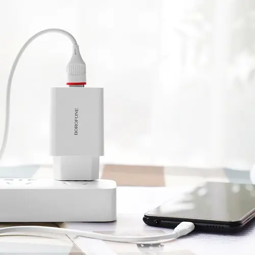 Сітчасте зарядне пристрій BOROFONE BA21A Long QC3.0 1USB/3A/18W + Cable Micro білий - фото 2