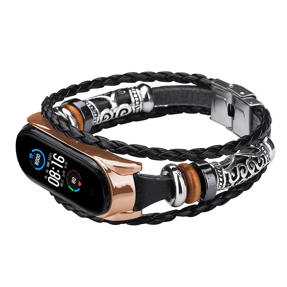 Ремешок винтажный Carprie для фитнес-браслета Xiaomi Mi Band 5 и 6 Type A Black rose gold - фото 3