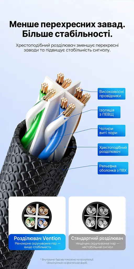 Мережевий патч-корд Ethernet Vention 20 м LAN-кабель 2 штекери RJ45 8P8C Cat6A UTP до 10 Гбіт/с з текстурованою оболонкою чорного кольору та з прозорими синіми корпусами роз'ємів (ISCBQ) - фото 5