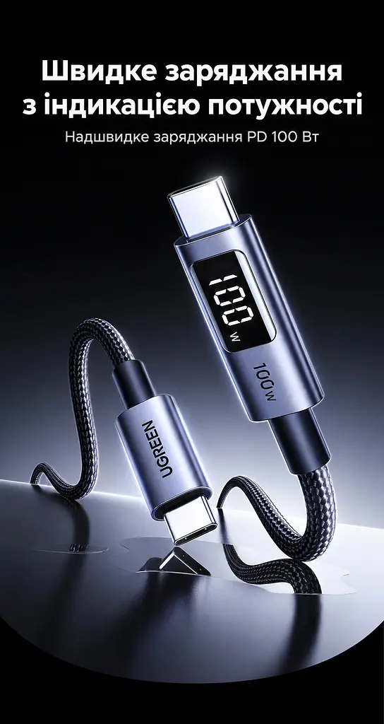 Кабель UGREEN L529 USB-C - USB-C PD 100 Вт з дисплеєм 2 м чорно-сірий (65863) - фото 5