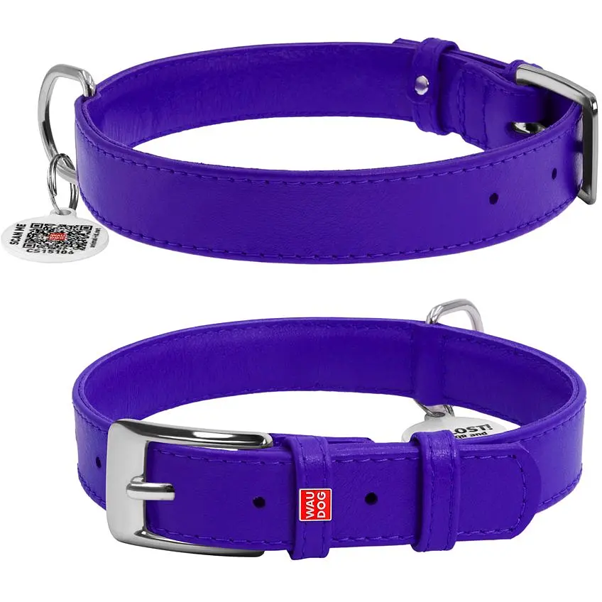 Ошейник для собак Waudog Glamour, кожаный, с QR паспортом, 30-39х2 см, фиолетовый - фото 3