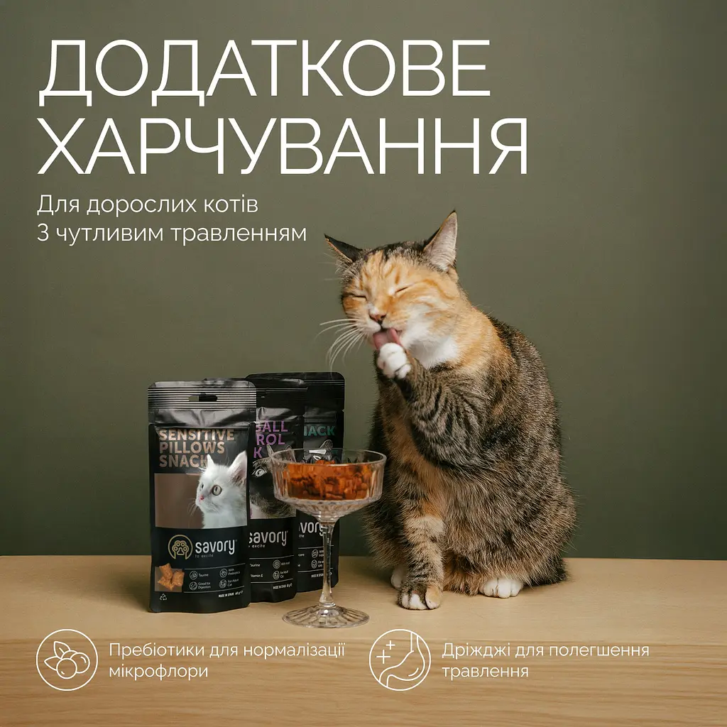 Ласощі хрумкі Savory Cats Snacks Pillows Sensitive Для дорослих котів з чутливим травленням 60 г - фото 3
