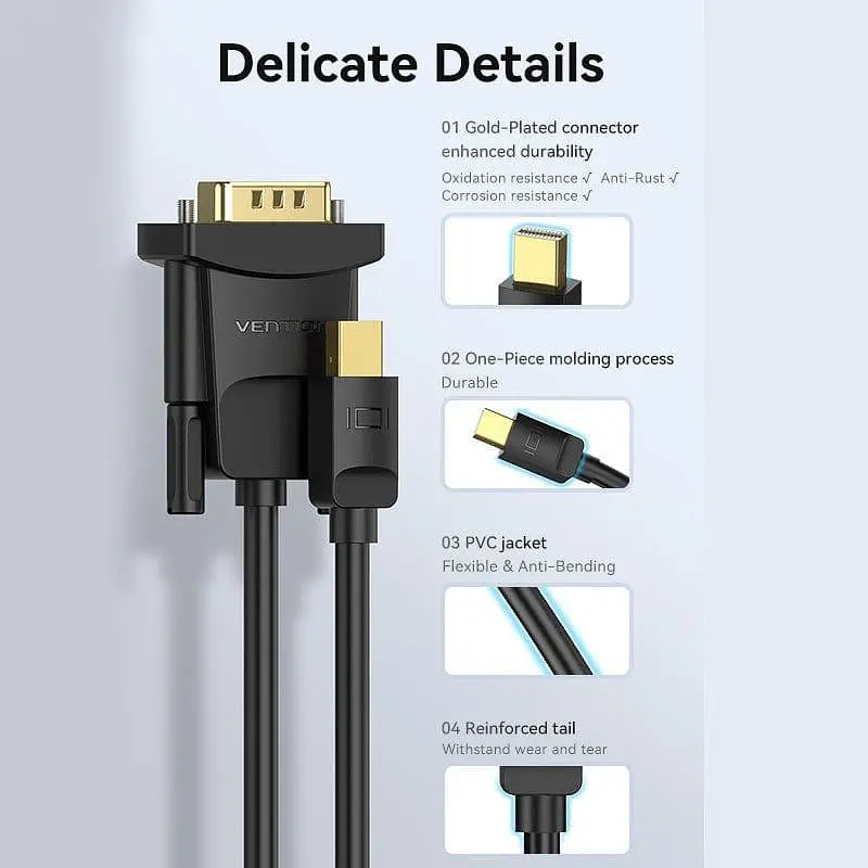 Кабель Vention Mini DP Male to VGA Male HD Cable 1M Black (HFDBF) - фото 5