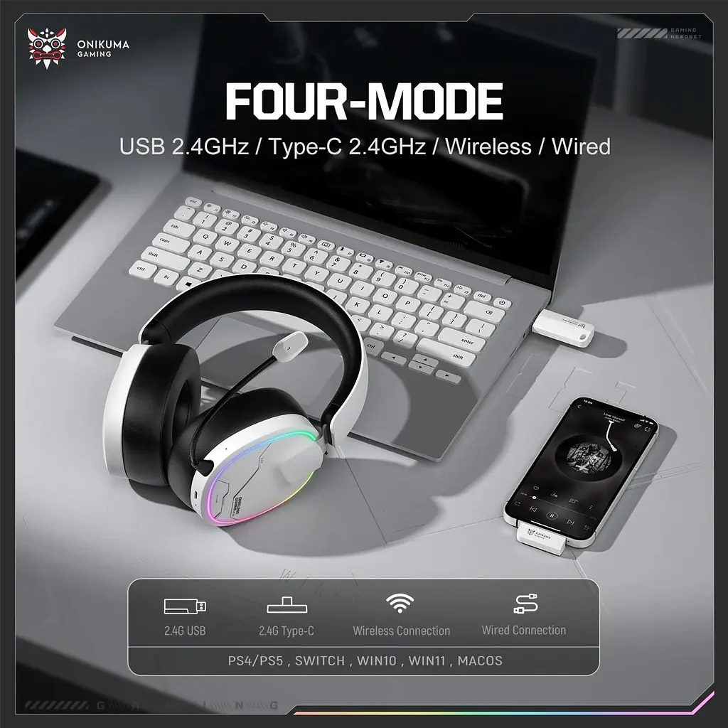 Навушники Onikuma бездротові ігрові з Bluetooth 5.3 RGB підсвітка з мікрофоном геймерська гарнітура для ПК Білий - фото 5