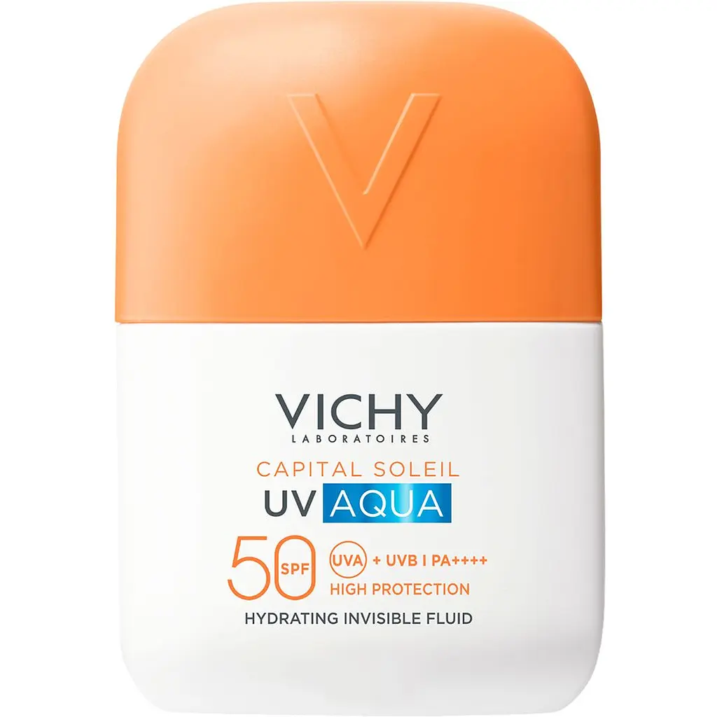 Набір Vichy: сонцезахисний ультралегкий зволожувальний флюїд Capital Soleil UV Aqva SPF 50 50 мл + термальна вода для догляду за шкірою 50 мл + косметичка Vichy 13x21x11 см помаранчева  - фото 2