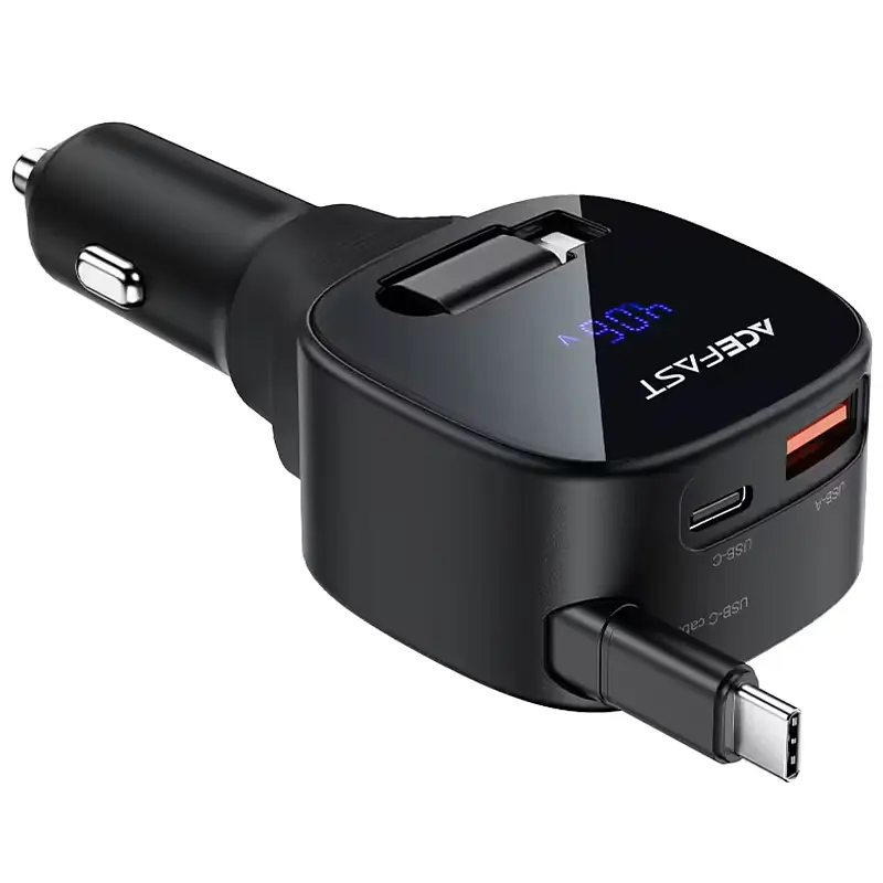 АЗП Acefast B17 PD30W+QC3.0 total 95W 1USB-A/1C with retractable cable Type-C Black - фото 2