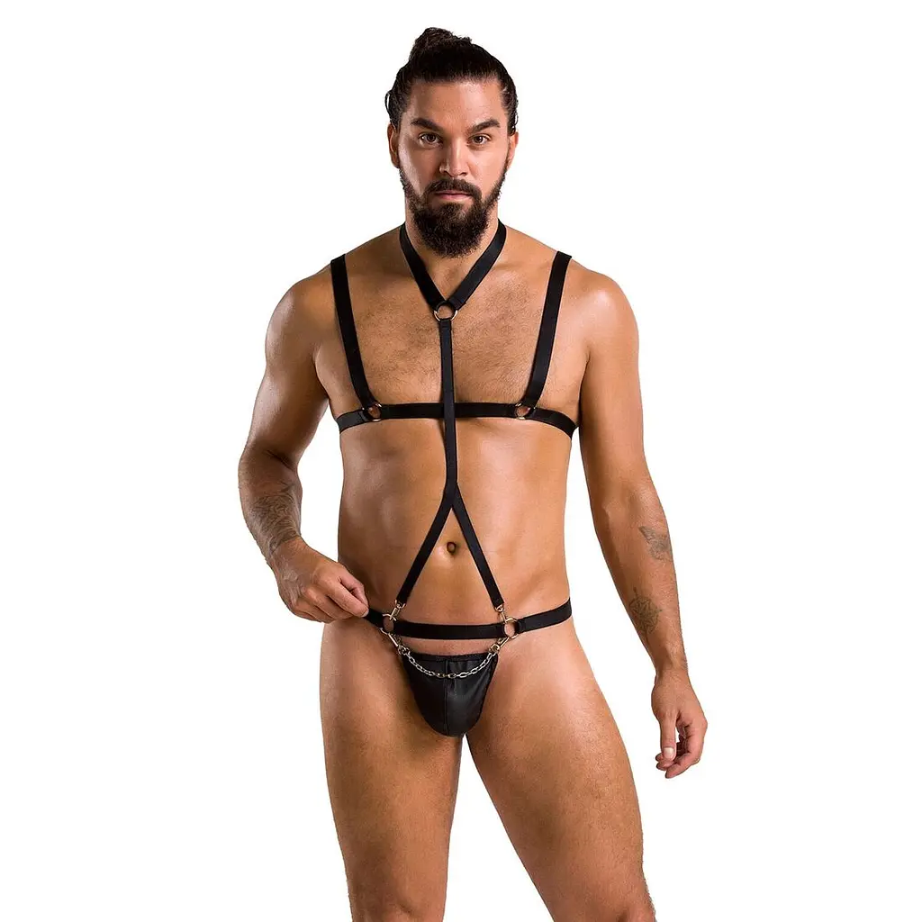 Комплект чоловічої білизни зі стреп Passion 039 SET ANDREW S/M Black, стринги, шлейки - фото 3