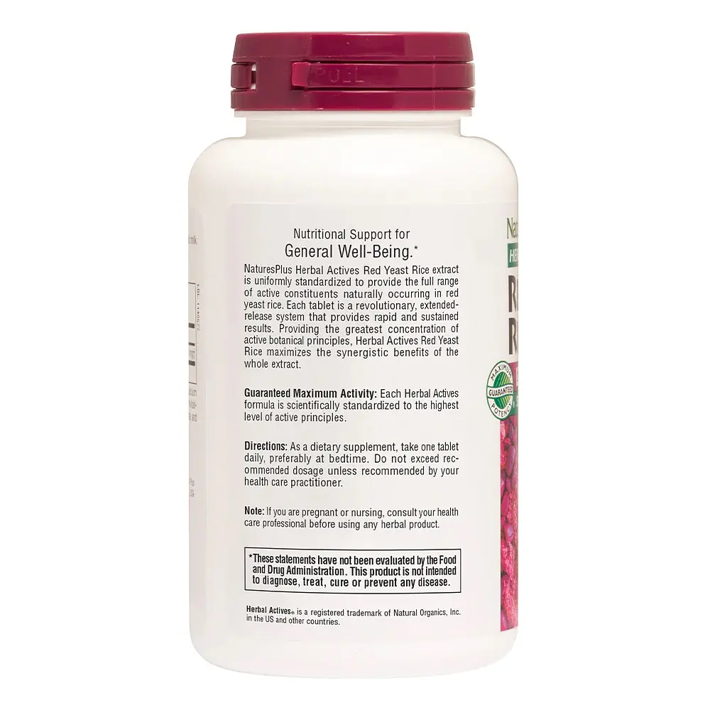 Натуральна добавка Natures Plus Herbal Actives Red Yeast Rice 600 mg, 60 таблеток - фото 3