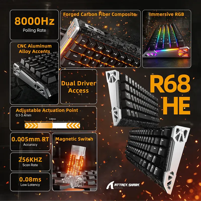 Ігрова магнітна клавіатура ATTACK SHARK R68 HE / Дротове підключення / Magnetic Switch / Black - фото 2