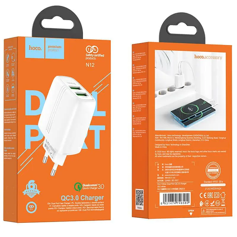 Блок живлення адаптер мережевий Hoco Yizhan Dual Port N12 2 USB 3 A QC 3.0 18 W білий - фото 5