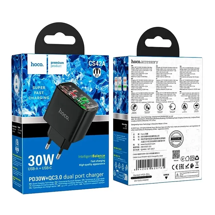 МЗП Hoco CS42A Smart PD30W+QC3.0 charger(EU) Black - фото 4