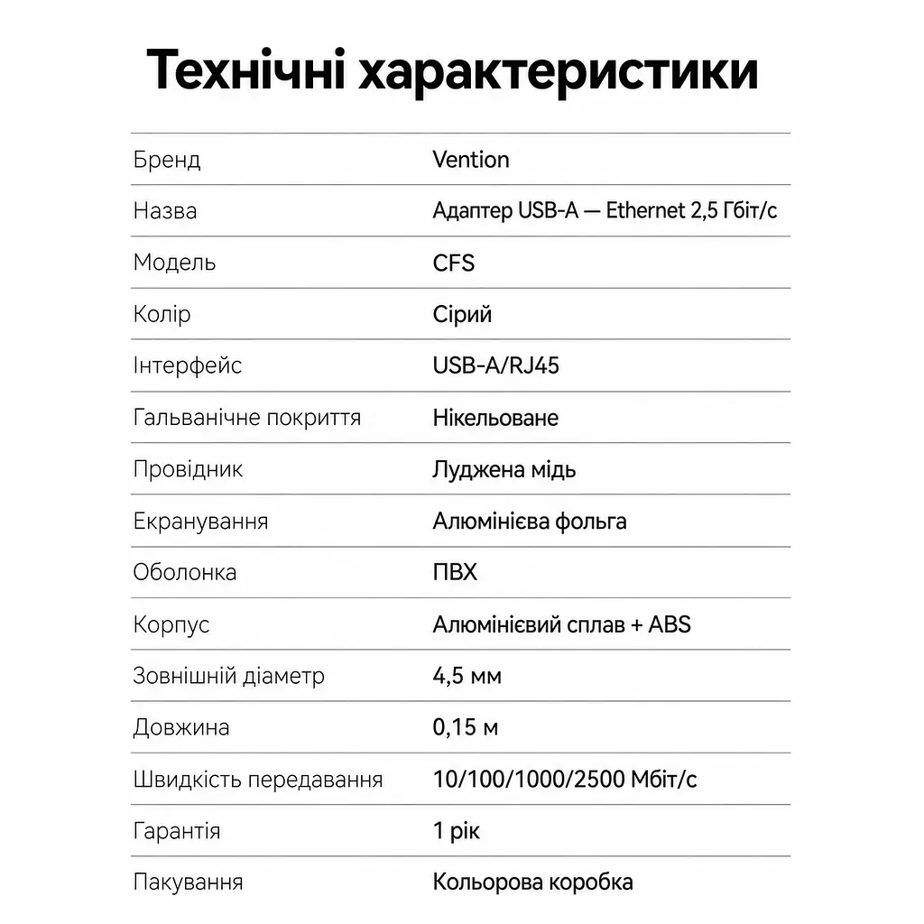 Ethernet-адаптер Vention зовнішня мережева карта USB-A на RJ45 до 2,5 Гбіт/с для швидкості понад 1 Гбіт/с потрібен кабель Cat6 або вище без налаштування у Windows 11 та macOS із захистом від короткого замикання та перенапруги алюмінієвий корпус для відведення тепла вбудований кабель 0,15 м сірий (CFSHB) - фото 2