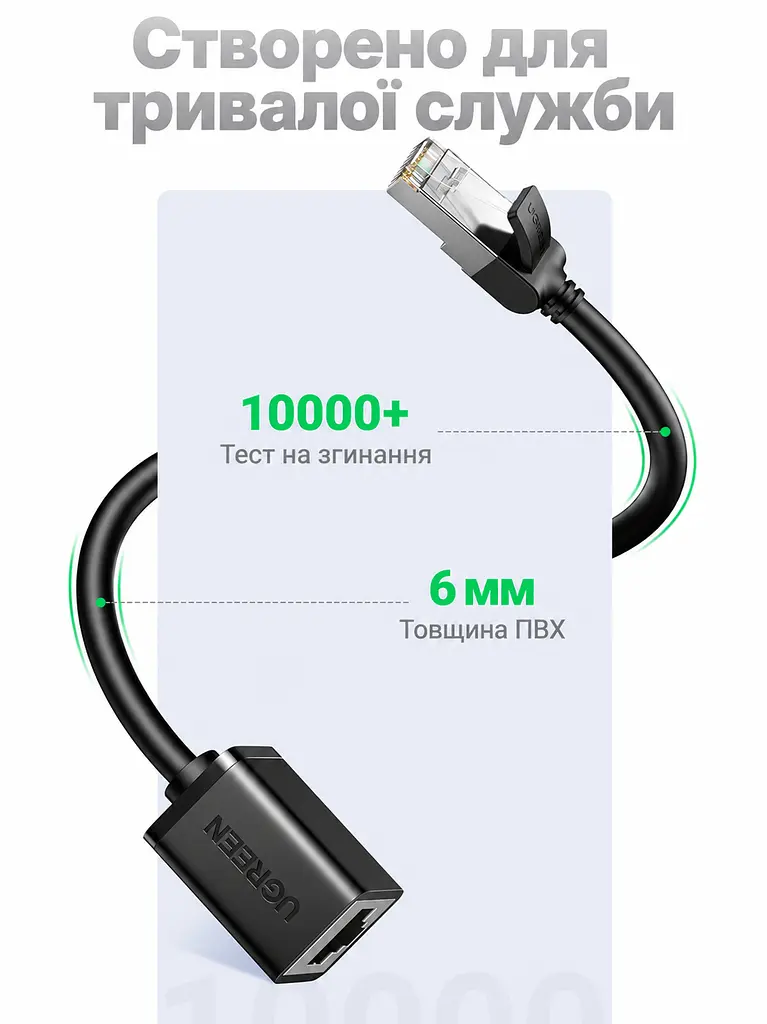 Подовжувач Ethernet UGREEN NW112 0,5 м LAN-кабель від штекера RJ45 до гнізда RJ45 Cat 6 зі швидкістю до 1000 Мбіт/с і смугою пропускання 250 МГц зворотна сумісність із Cat 5 і Cat 5e екранований F/UTP жила з чистої міді 26 AWG RJ45-штекери з металевими елементами підсилення пряме з'єднання за схемою T568B чорний (11278) - фото 5