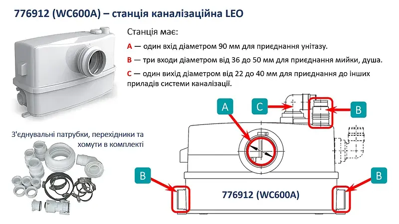 Станція каналізаційна 0.6кВт Hmax 8.5м Qmax 110л/хв LEO 3.0 WC-600A (776912) - фото 5