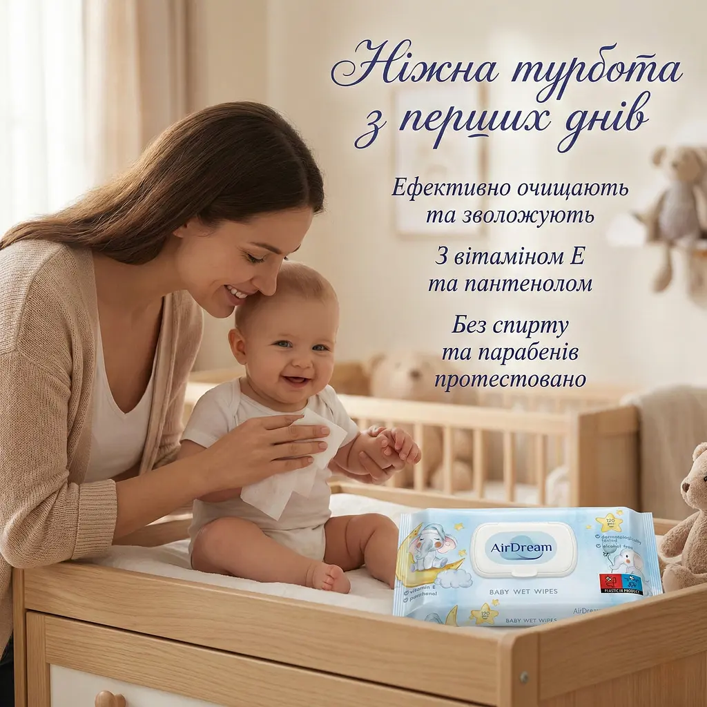 Вологі серветки для дітей Air Dream з вітаміном Е та D-пантенолом 120 шт. Серветки для новонароджених - фото 3