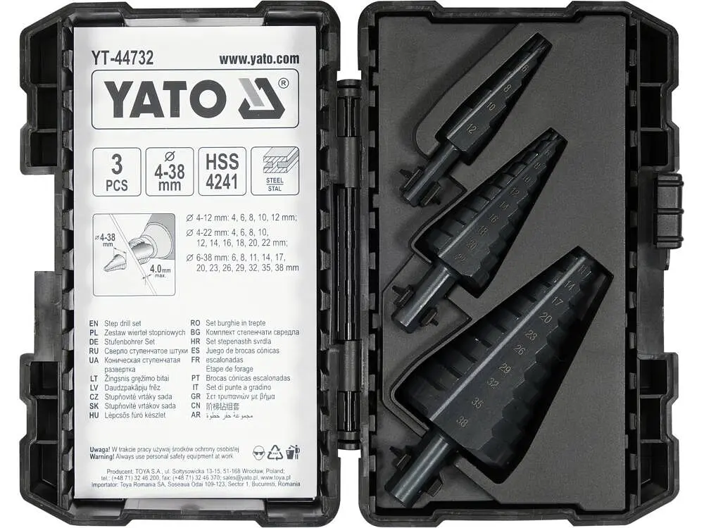 Свердла конічні ступінчасті по металу Yato Ø=4-12; 4-22; 6-38 мм матеріал HSS 4241, 3 шт. (YT-44732) - фото 2