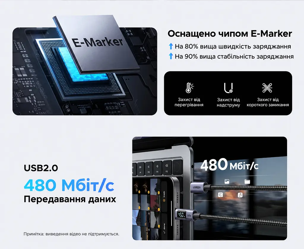 Кабель UGREEN L530 USB-C - USB-C PD 240 Вт з LED-дисплеєм 1 м чорний (65866) - фото 6