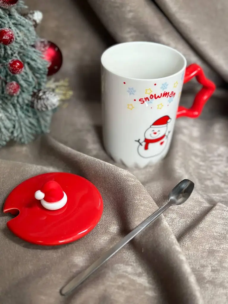Чашка новогодняя Snowman с крышкой и ложкой Снеговик 360 мл Белая - фото 2