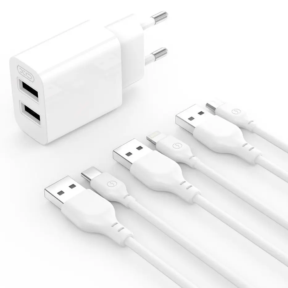 Сітчастий зарядний пристрій XO L109 double USB-A 12W 2.4A з Type-C cable Білий