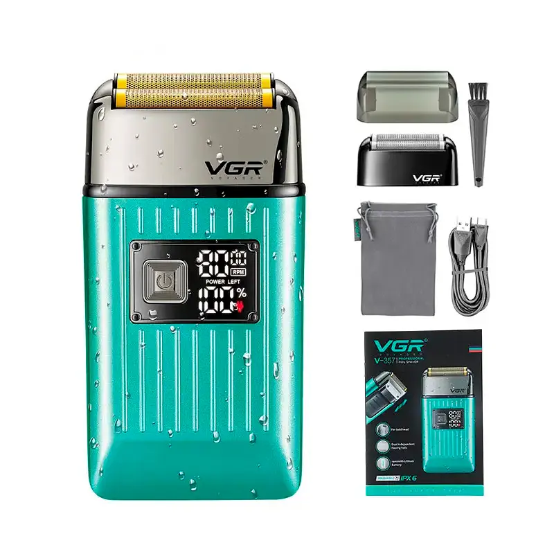 Электробритва VGR V-357 GREEN, двойное лезвие, 2 насадки, выдвижной триммер, IPX6, LED display, Box - фото 3