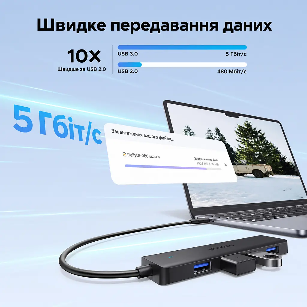 USB-хаб UGREEN CM219 концентратор вхід USB-C та 4 порти USB-A USB 3.2 Gen 1 теоретично до 5 Гбіт/с для Windows macOS Linux і Chrome OS Plug and Play для PS5 із сумісними з консоллю USB-аксесуарами зі світлодіодним індикатором вбудований кабель 0,15 м чорний (35461) - фото 4