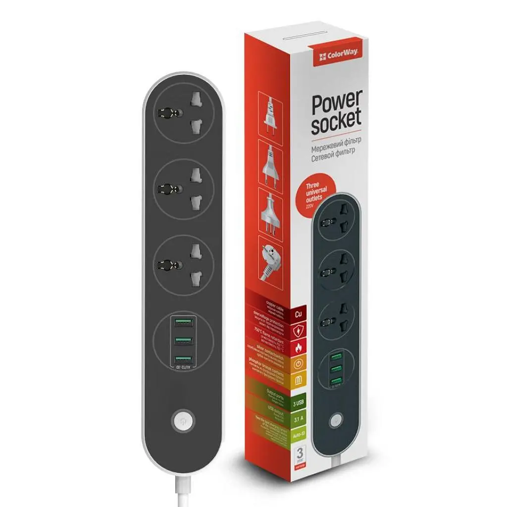 Мережевий фільтр ColorWay olorWay 3 розетки, 3xUSB, 1.8м, Black (CW-CHU33B) - фото 6