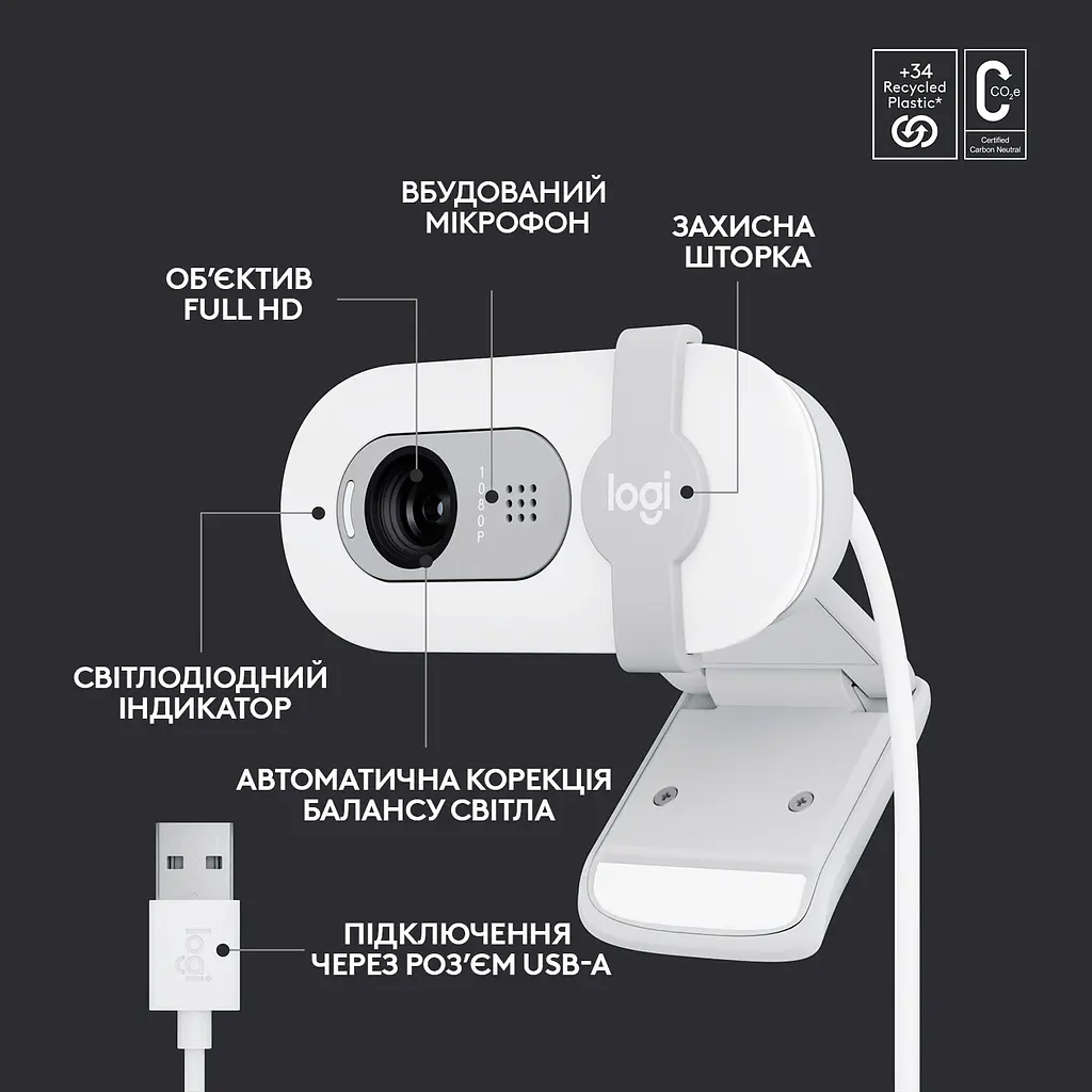 Веб-камера Logitech BRIO 100 White (960-001617) [96683] - фото 13