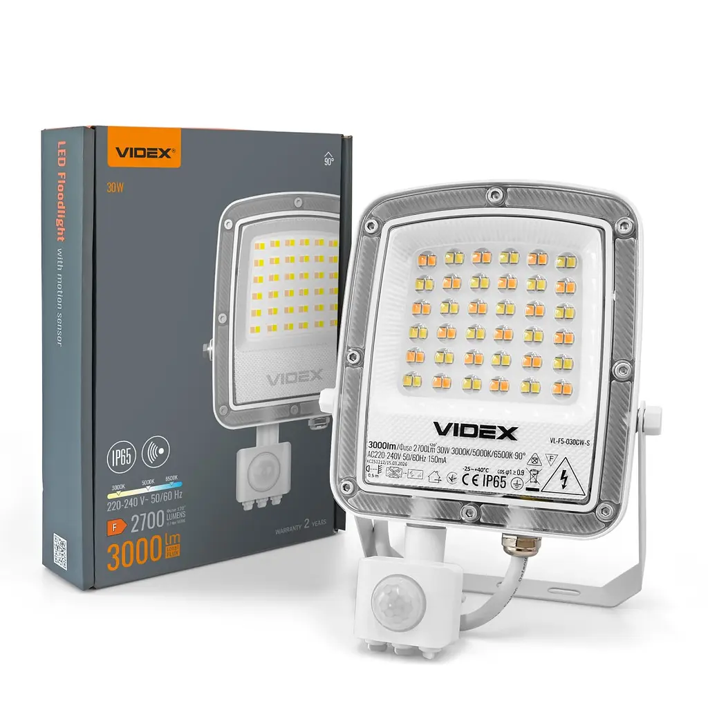 LED прожектор Videx F5 30 Вт 3000-5000-6500 K з датчиком руху 230 В білий (VL-F5-030CW-S)