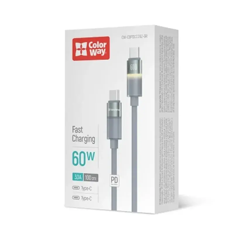 Дата кабель USB-C to USB-C 1.0m 3A 60W warm light gray ColorWay (CW-CBPDCC092-GR) - фото 5