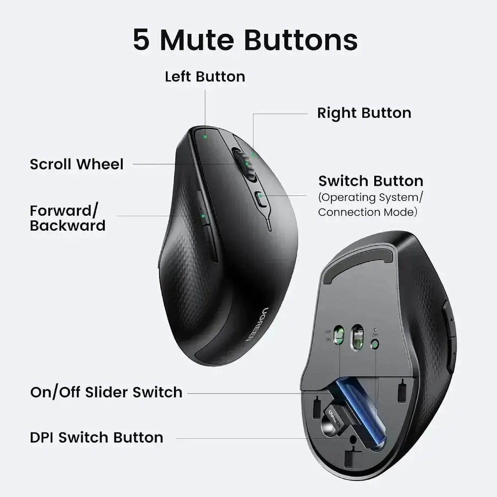 Мишка UGREEN 2.4GHz+Bluetooth MU101, бездротова, 4000dpi., 5кн., чорна - фото 8