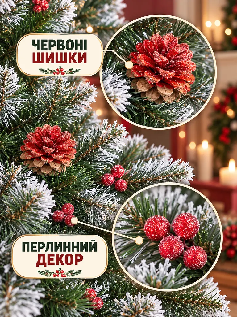 Штучна ялинка YaLINKA КK22 Адель 220 см із червоними шишками, перлами та засніженими кінчиками, зелена (49676508) - фото 5