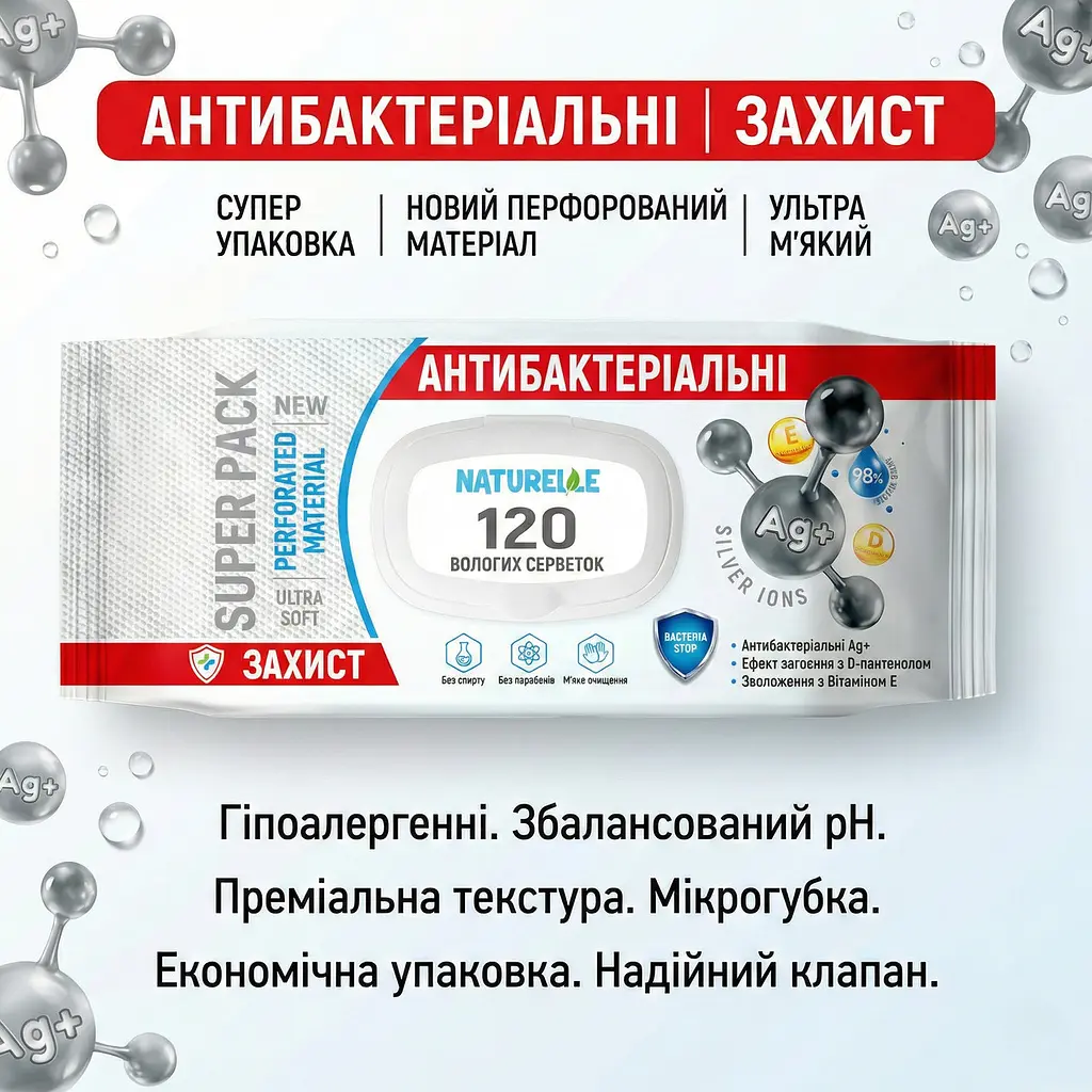 Вологі серветки антибактеріальні Naturelle Antibacterial Silver ions 120 шт. Гігієнічні серветки для рук - фото 2