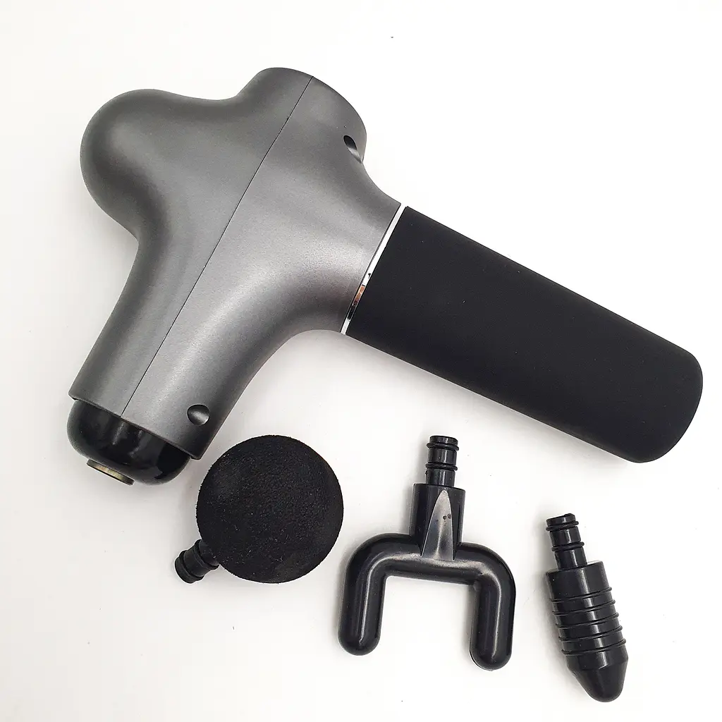 М'язовий масажер для тіла ручний акумуляторний портативний 3 насадки Fascial Gun mini сірий - фото 2