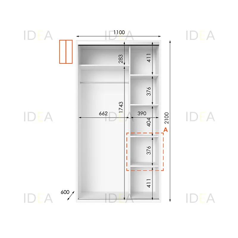 Шафа-купе Idea серія 5 110 x 60 x 210 см Білий Дзеркало - фото 2