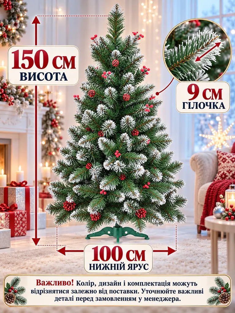 Ялинка штучна YaLINKA КК15 Адель 150 см, із шишками, червоними перлами та засніженими кінчиками, зелена (49676505) - фото 3