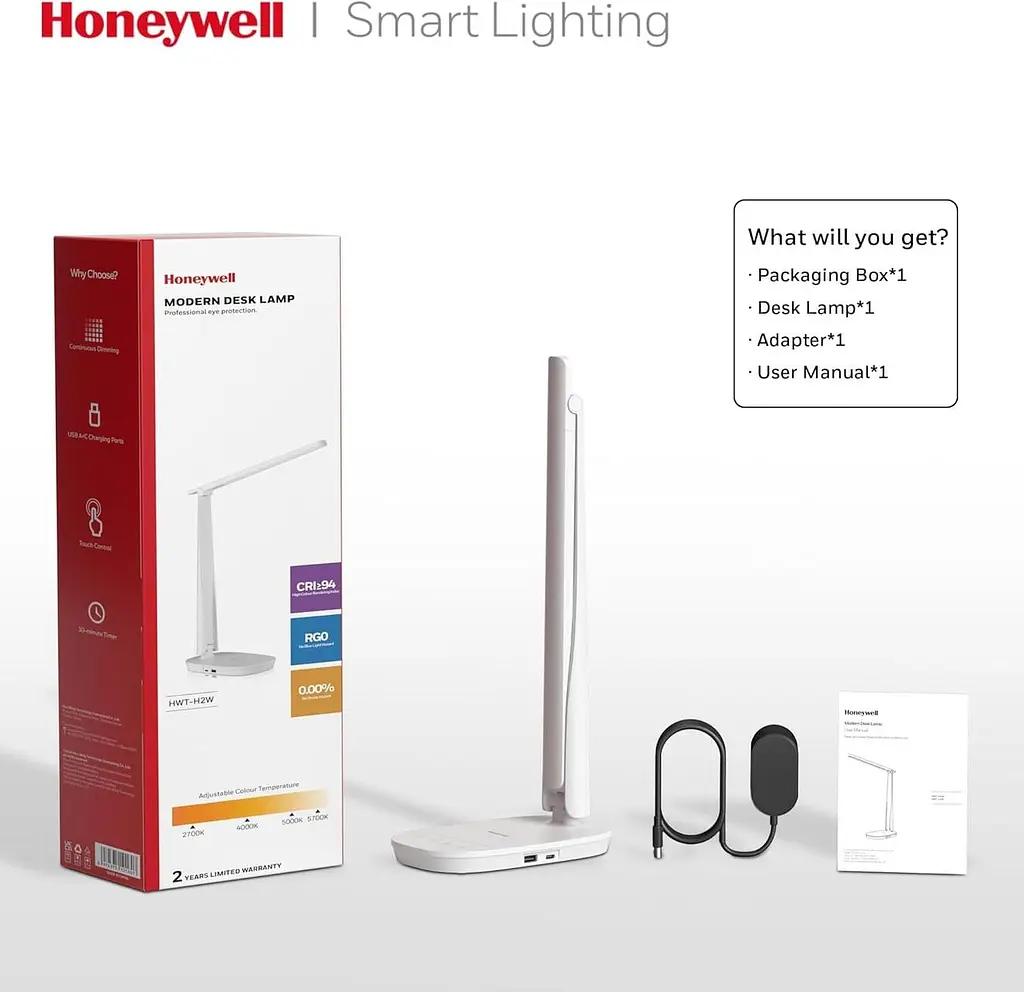 Світлодіодна настільна лампа Honeywell - HWT-H2 SunturaluxTM Дбайливий про обличчя Складаний настільний світильник з USB A+C - фото 3