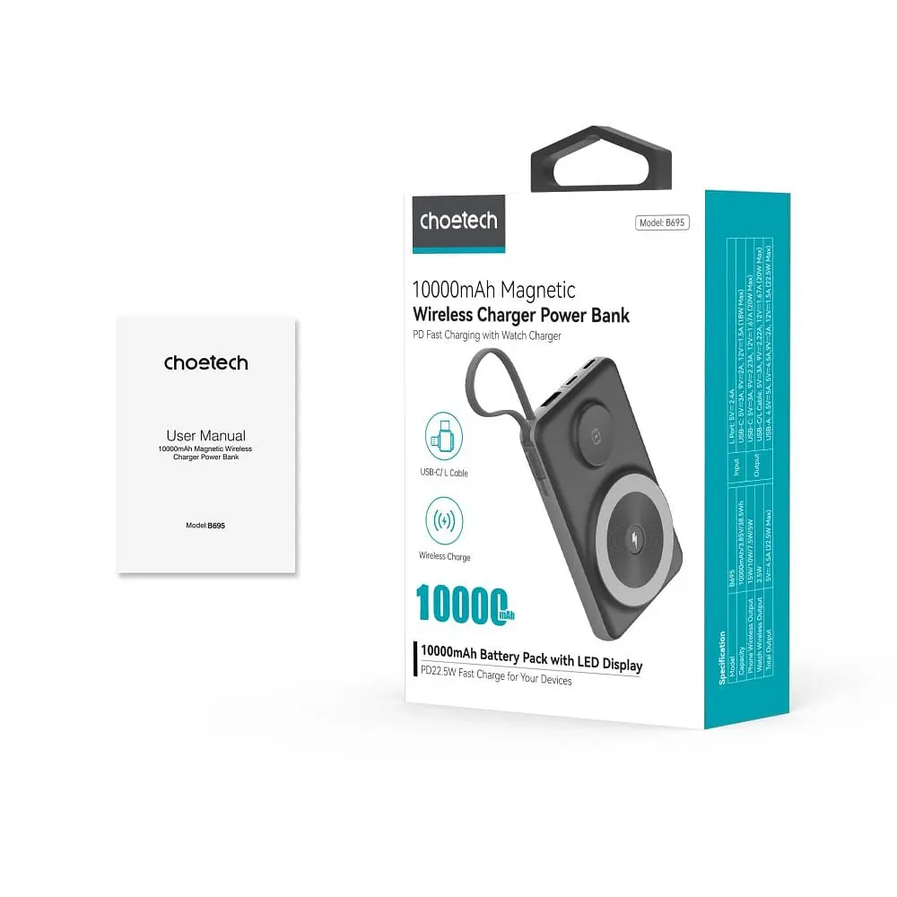 Повербанк 10000mAh Choetech B695 Black QC3.0 PD3.0 бездротова зарядка смартфонів та Apple Watch (43-00131) - фото 4