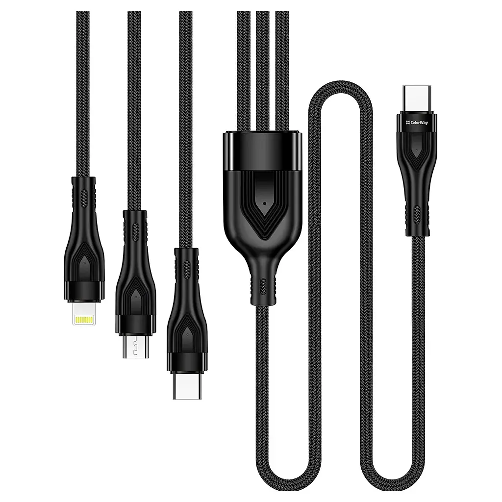 Дата кабель USB-C to Lightning + Micro 5P + USB-C 1.2m 3.0A (PD60W data) Black ColorWay (CW-CBPDU3060-BK) - фото 2