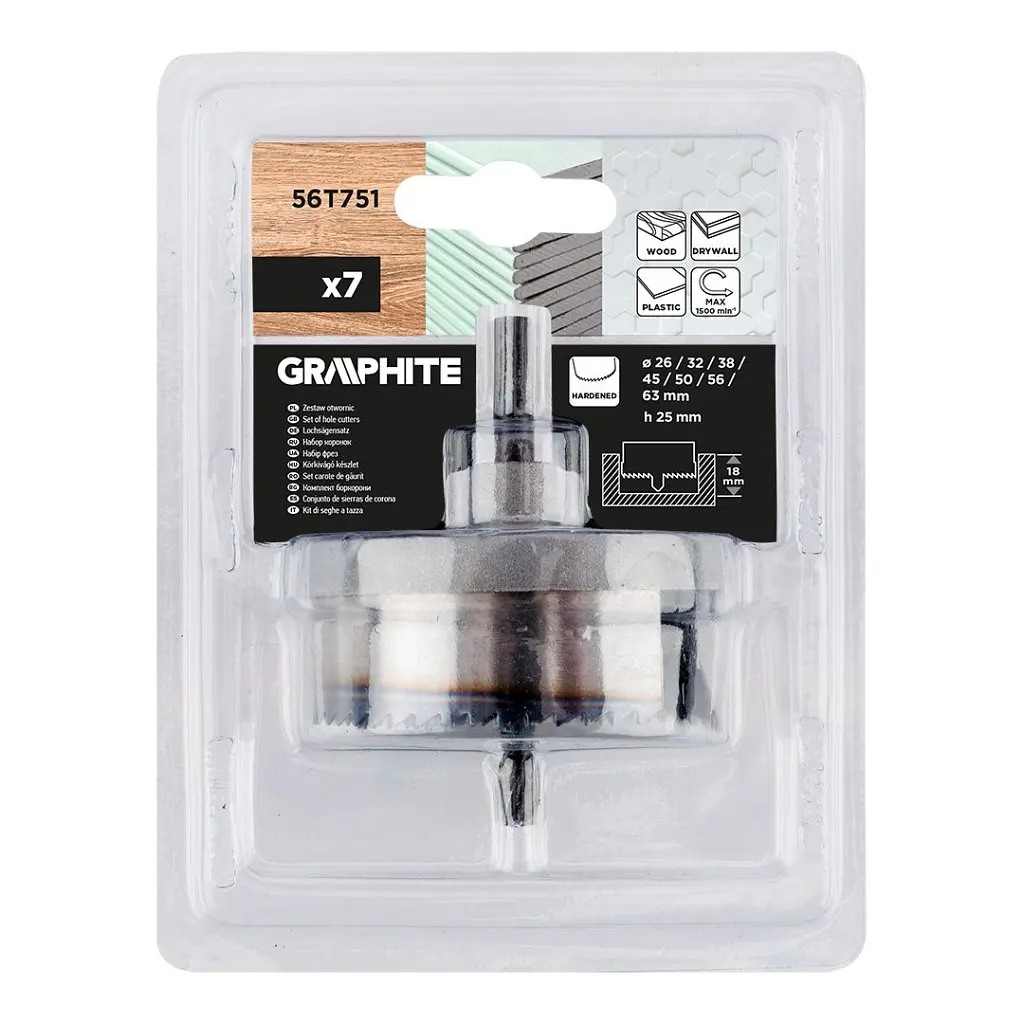 Коронка Graphite по дереву, загартовані зубці, 26–63х25мм, 7шт (56T751) - фото 7