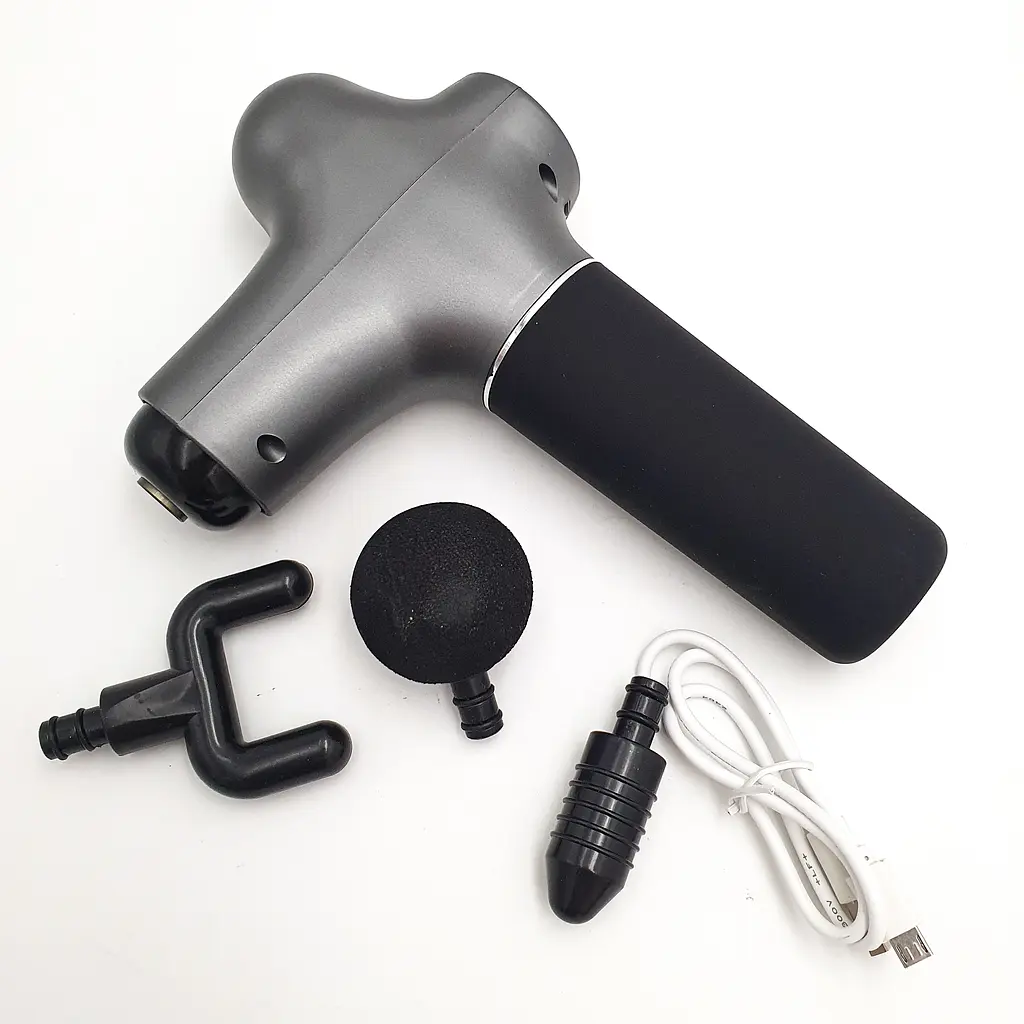 М'язовий масажер для тіла ручний акумуляторний портативний 3 насадки Fascial Gun mini сірий - фото 3