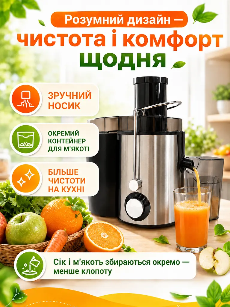 Соковитискач для фруктів та овочів 1000 W чорний з широкою горловиною 65 мм (49675913) - фото 4
